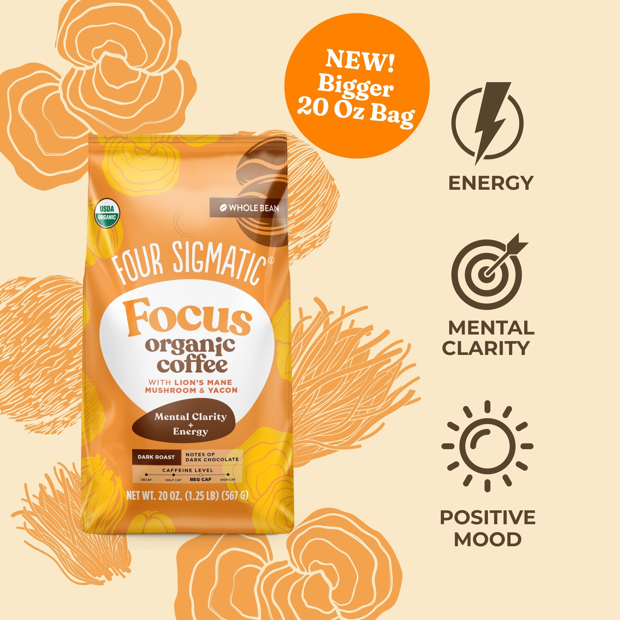 Focus Whole Bean Coffee - Dark (20oz) - Dark Roast Superfood Coffee Beans
