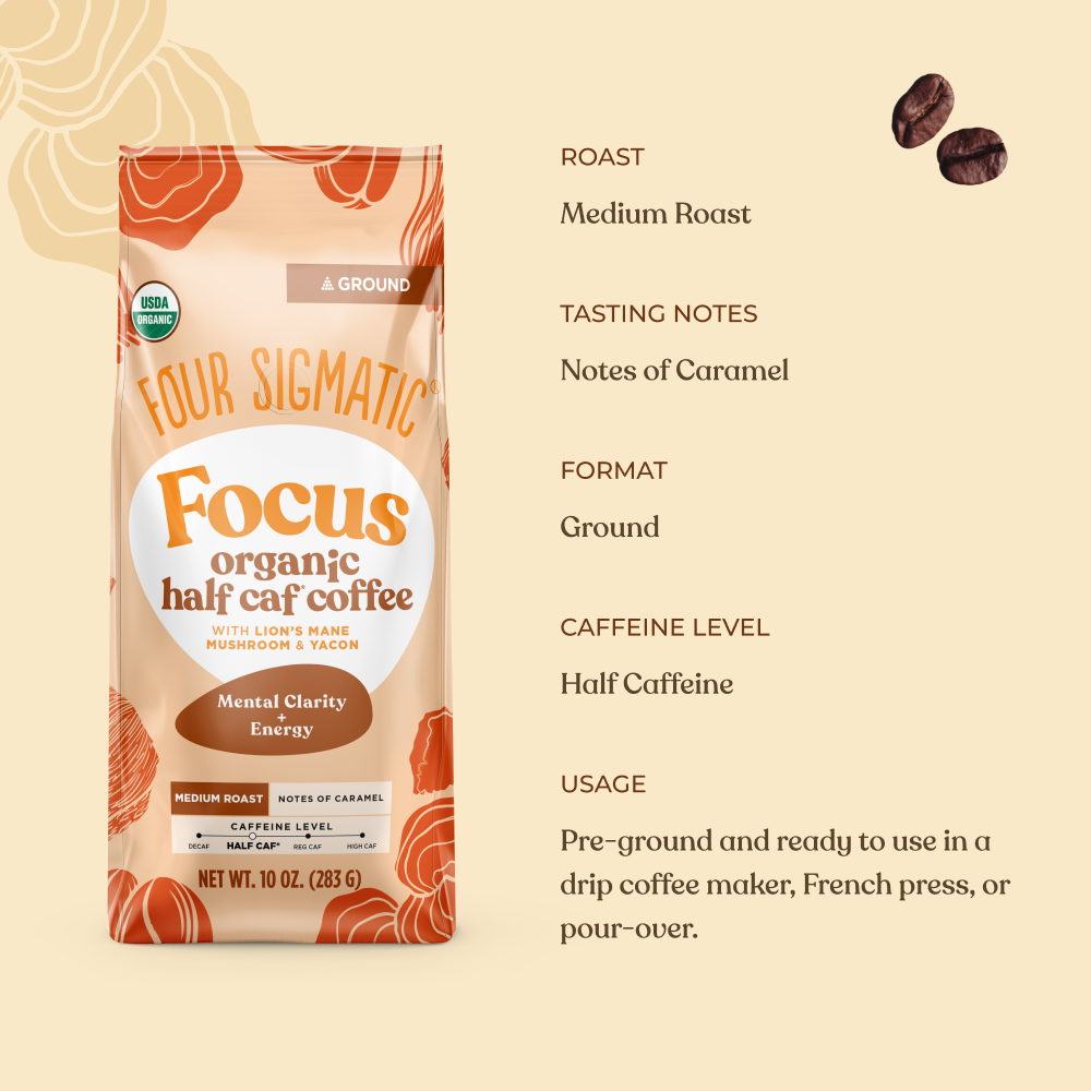 Focus Half Caf Ground Coffee - Medium - Half Caf Medium Roast Superfood Coffee Blend