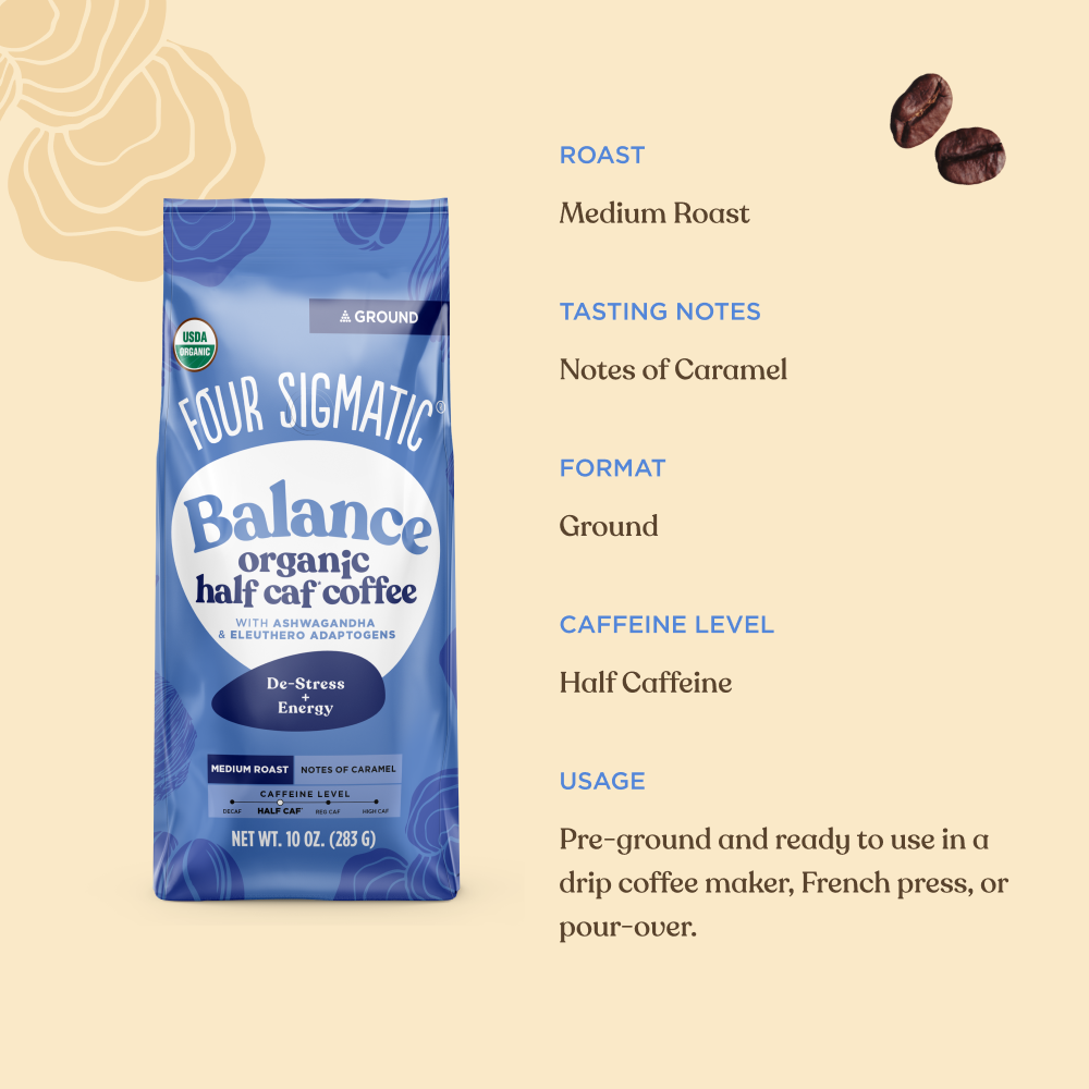Balance Half Caf Ground Coffee - Medium - Half Caf Medium Roast Superfood Coffee Blend