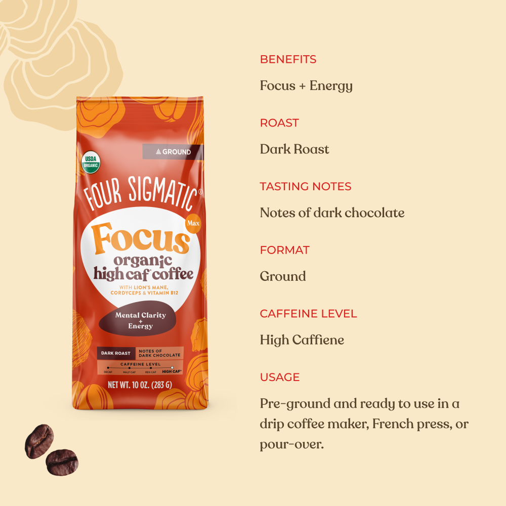 Focus Max High Caf Ground Coffee - Dark - High Caf Dark Roast Superfood Coffee Blend