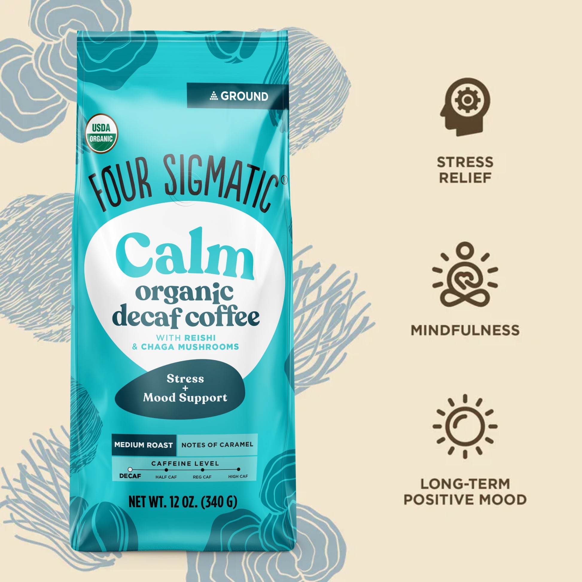 Calm Decaf Ground Coffee - Medium - Medium Roast Superfood Coffee Blend